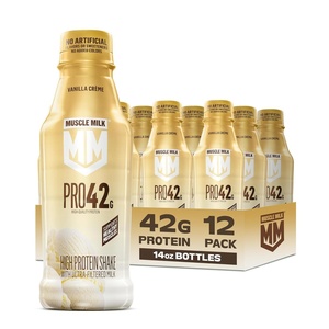 image:imageMuscle Milk Pro High Protein Shake Strawberries n Creme 14 fl oz Bottles 12 Pack UltraFiltered Milk 42g High Quality Protein 4g Sugar 240 Calories No Artificial Flavors No Artificial Sweeteners No Added ColorsVanilla