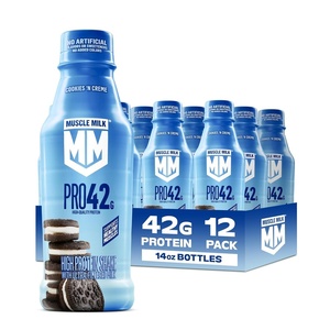image:imageMuscle Milk Pro High Protein Shake Strawberries n Creme 14 fl oz Bottles 12 Pack UltraFiltered Milk 42g High Quality Protein 4g Sugar 240 Calories No Artificial Flavors No Artificial Sweeteners No Added ColorsCookies n Creme